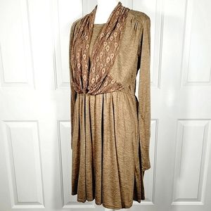 NWT A'reve Long Sleeve Heather Knit Dress Brown Attached Lace Scarf Size Small